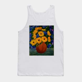 Some blue flowers and sunflowers in a bronze vase Tank Top